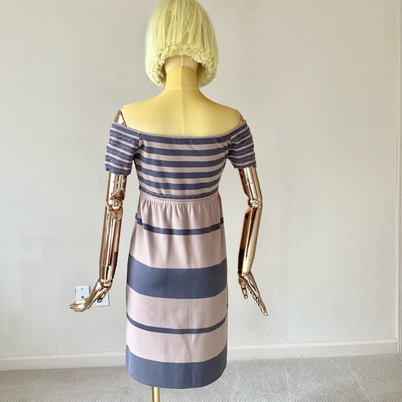 Fendi Shift Dress Gray Short Sleeve with Off-The-Shoulder Stripe Ruffle 4 - Picture 3 of 11